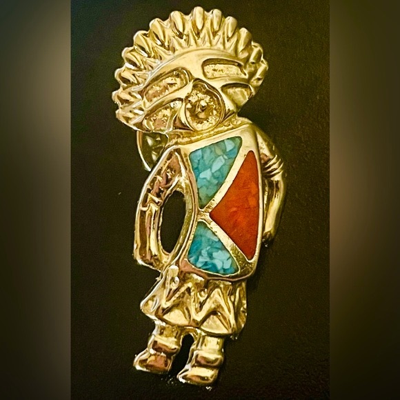 Vintage Kachina Silver and Turquoise Lapel Pin - Picture 3 of 7